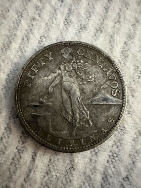 1944 Philippines Fifty Centavos Silver Tone Coin - Vintage Look